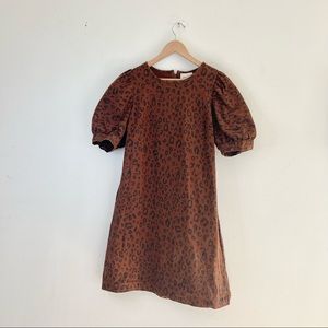 Brown Leopard Print Puff Sleeve Aline Dress with Pockets
